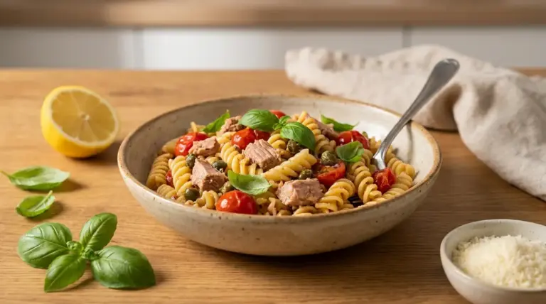 Piatto di fusilli al tonno con pomodorini, basilico e capperi su tavolo di legno