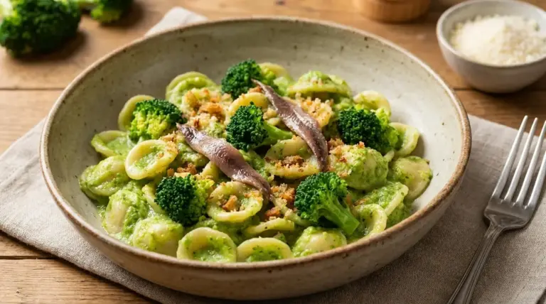 Pasta con crema di broccoli e acciughe in una ciotola, con orecchiette, broccoli e pangrattato croccante