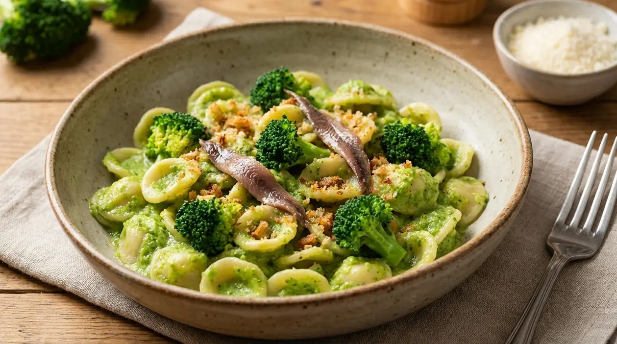 Pasta con crema di broccoli e acciughe in una ciotola, con orecchiette, broccoli e pangrattato croccante