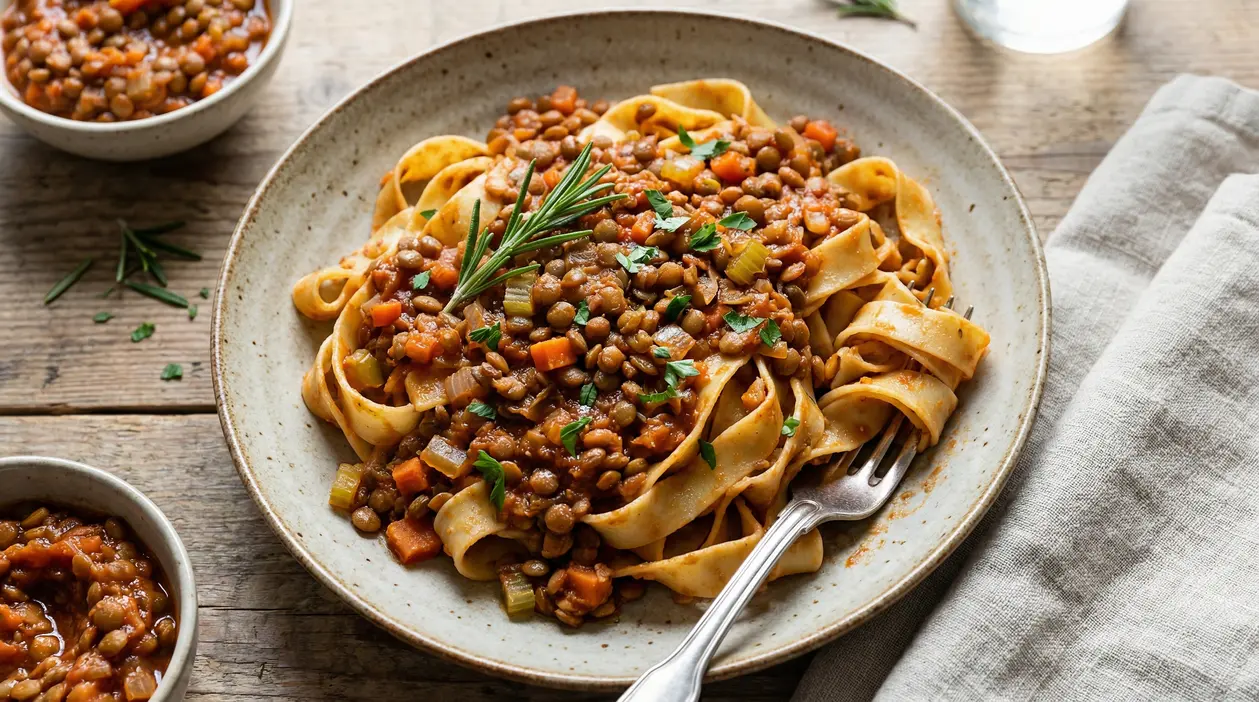 Pasta con ragù di lenticchie servita in un piatto rustico, con erbe aromatiche e verdure a cubetti