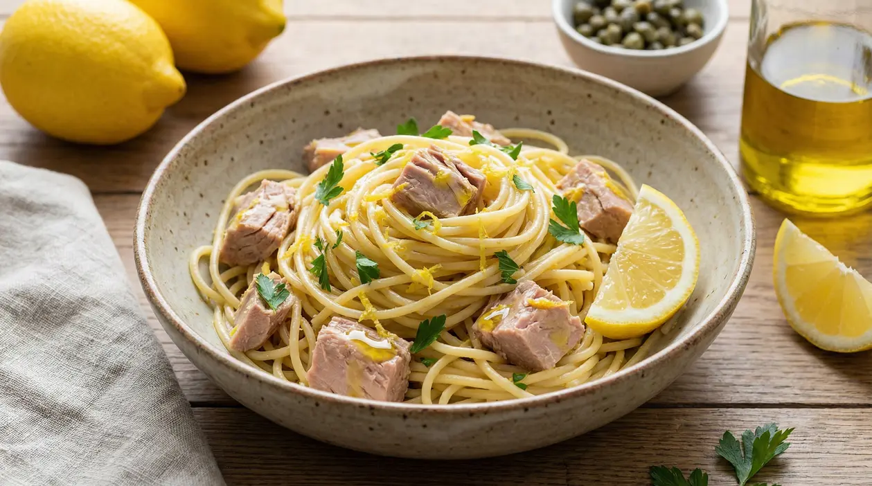 Spaghetti al tonno e limone con prezzemolo e scorza di limone, serviti in una ciotola con spicchi di limone