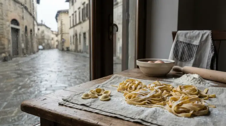 Pasta fresca stesa su canovaccio con farina e mattarello accanto a una finestra con pioggia sulla strada