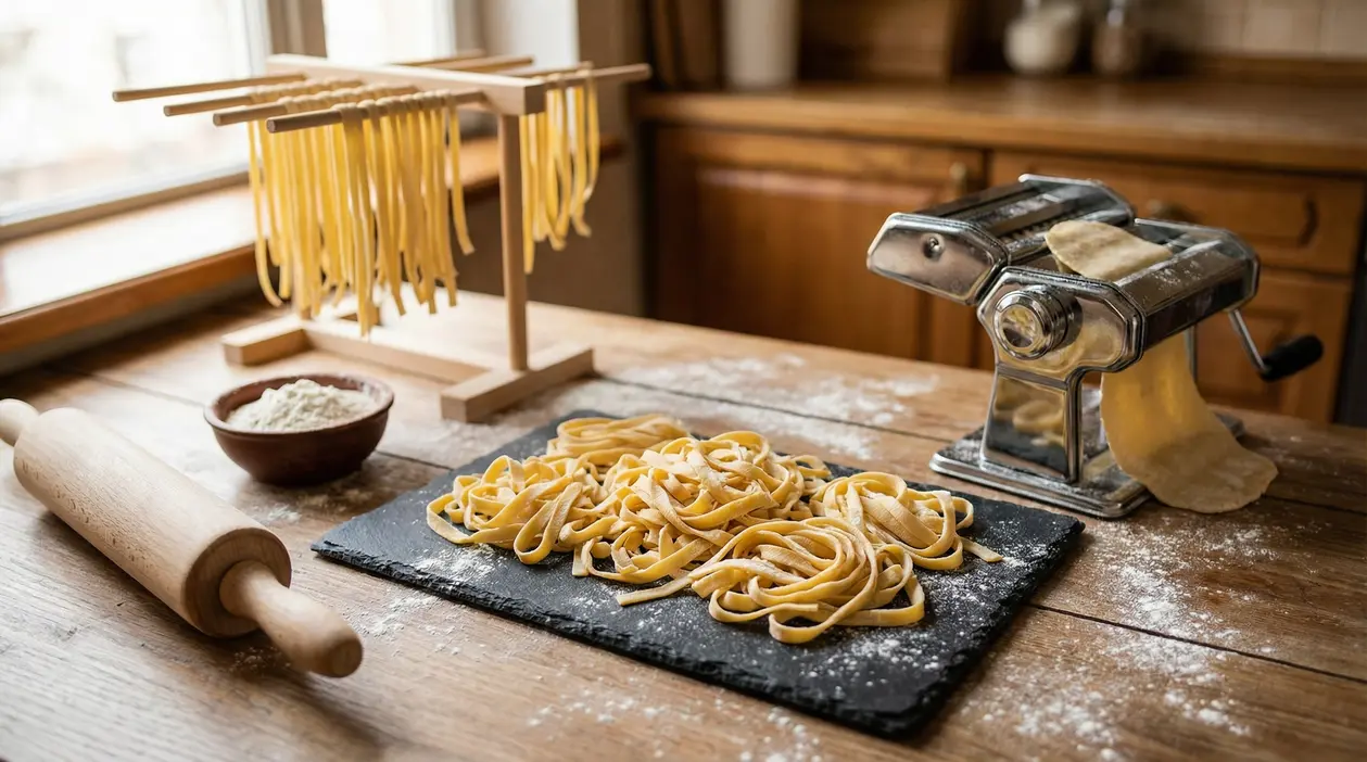 Pasta fresca fatta in casa stesa con macchina per la pasta, farina e tagliatelle su tavolo in legno