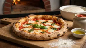 Pizza napoletana Margherita su tagliere, con mozzarella fusa, pomodoro e basilico, davanti a forno a legna