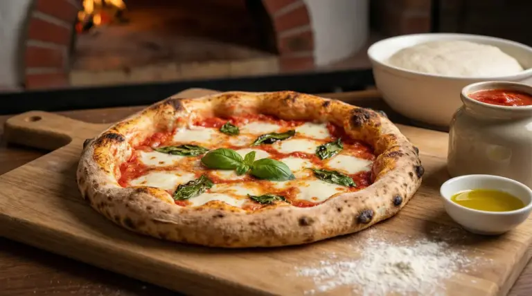 Pizza napoletana Margherita su tagliere, con mozzarella fusa, pomodoro e basilico, davanti a forno a legna