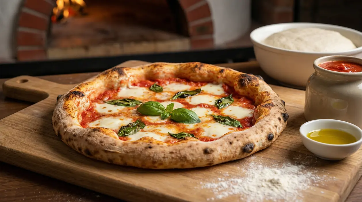Pizza napoletana Margherita su tagliere, con mozzarella fusa, pomodoro e basilico, davanti a forno a legna