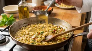 Chef versa il brodo nella padella con pasta risottata e verdure durante la cottura