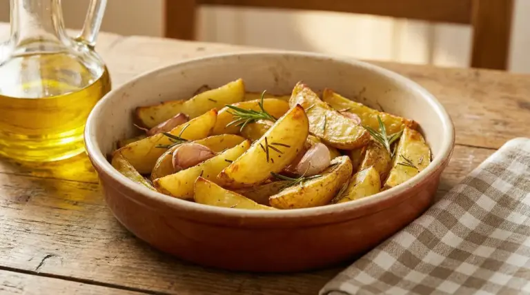 Patate al forno a spicchi con rosmarino e spicchi d’aglio in una teglia, con olio d’oliva sul tavolo