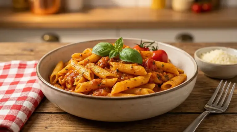 Ciotola di penne al sugo di pomodoro con basilico fresco, servite su tavolo di legno con tovaglia a quadretti