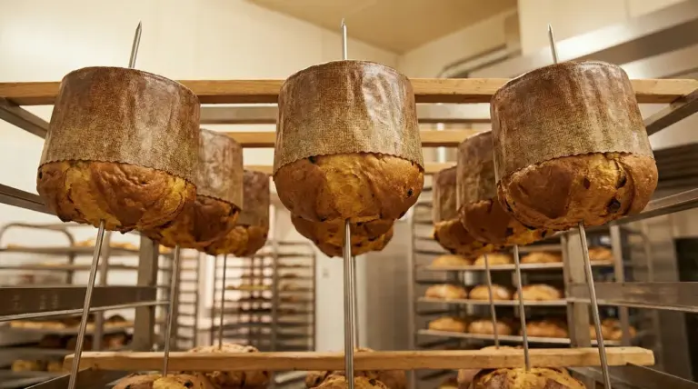 Panettoni appena sfornati appesi a testa in giù su supporti in legno e spilloni in un laboratorio di pasticceria