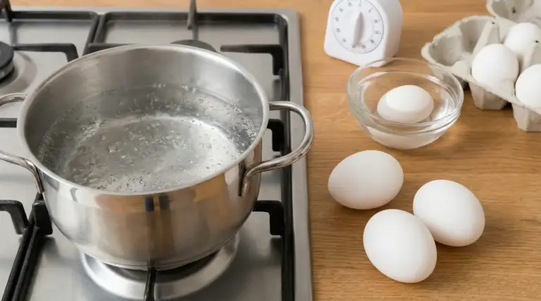 Pentola con acqua in ebollizione accanto a uova bianche e timer da cucina sul piano di lavoro