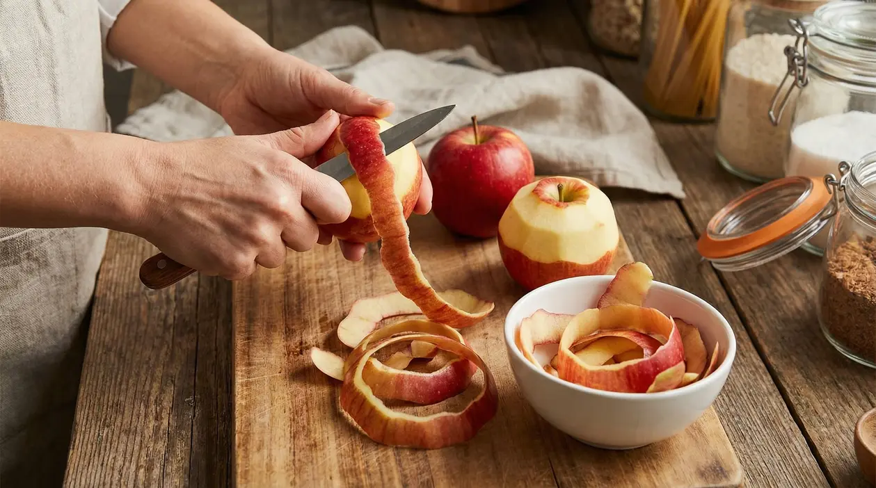 Mani che sbucciano una mela su tagliere di legno, con ciotola di bucce e mele sul tavolo