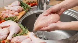 Mani che sciacquano un petto di pollo crudo sotto l’acqua nel lavello, con altri pezzi di pollo su un tagliere