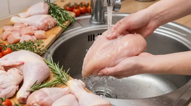 Mani che sciacquano un petto di pollo crudo sotto l’acqua nel lavello, con altri pezzi di pollo su un tagliere