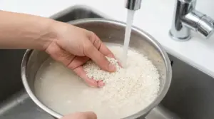 Mano che lava il riso in una ciotola sotto l’acqua corrente prima della cottura