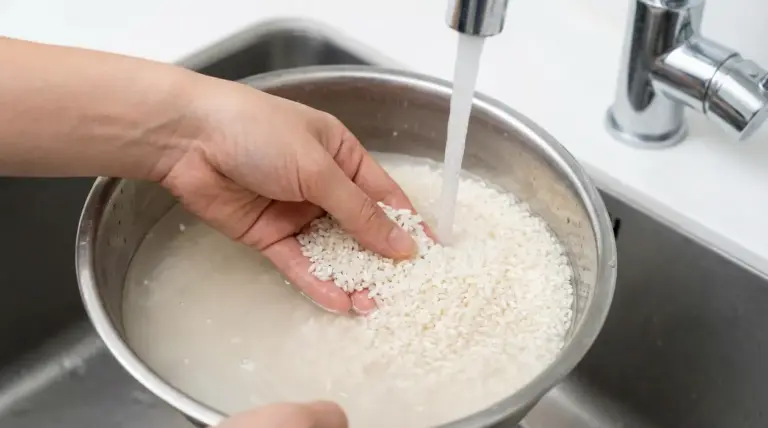 Mano che lava il riso in una ciotola sotto l’acqua corrente prima della cottura