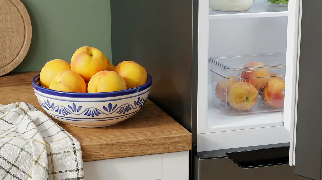 Pesche in una ciotola sul piano cucina e altre conservate in frigorifero in un contenitore trasparente