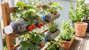 Piante di fragole coltivate in bottiglie di plastica riciclate fissate a una struttura in legno su un balcone