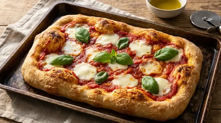 Pizza in teglia appena sfornata con pomodoro, mozzarella e basilico su teglia da forno