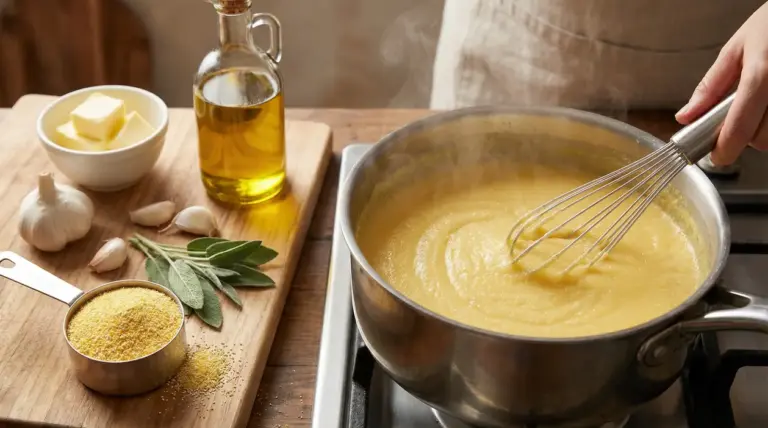 Polenta cremosa in pentola mescolata con frusta, con farina di mais, burro e olio su un tagliere