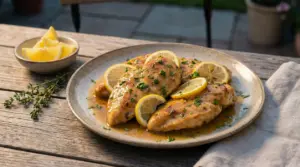 Petti di pollo al limone con salsa lucida e fette di limone serviti su un piatto rustico all’aperto