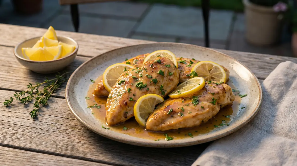 Petti di pollo al limone con salsa lucida e fette di limone serviti su un piatto rustico all’aperto
