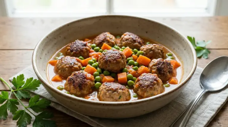 Polpette con carote e piselli servite in un piatto con salsa leggera, su tavolo rustico