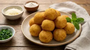 Polpette di patate dorate e croccanti servite su un piatto, con foglie di menta e ciotoline di ingredienti sullo sfondo