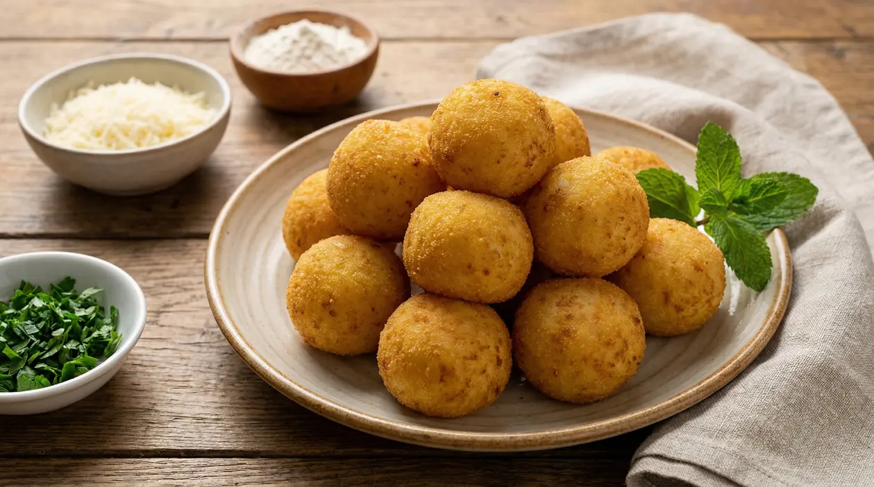 Polpette di patate dorate e croccanti servite su un piatto, con foglie di menta e ciotoline di ingredienti sullo sfondo