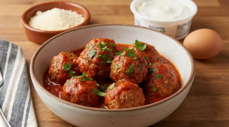 Polpette al sugo in ciotola con prezzemolo, accanto ricotta, uovo e formaggio grattugiato sul tavolo