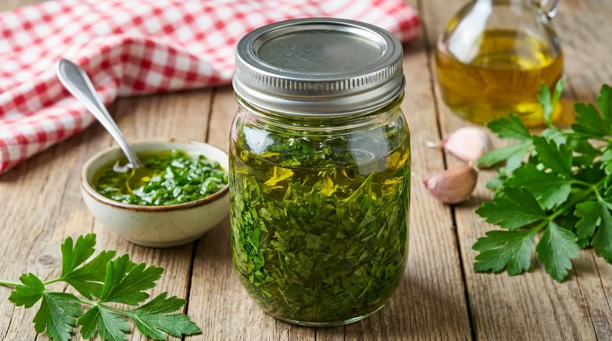 Barattolo di prezzemolo sott’olio su tavolo in legno con olio d’oliva, aglio e foglie di prezzemolo