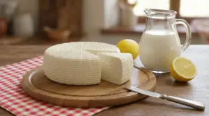 Primosale fatto in casa su tagliere con fetta tagliata, accanto a una brocca di latte intero e limoni