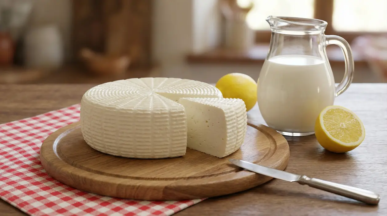 Primosale fatto in casa su tagliere con fetta tagliata, accanto a una brocca di latte intero e limoni