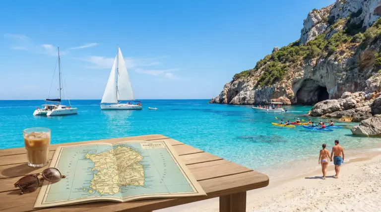 Spiaggia in Sardegna con mare turchese, barche a vela e scogliera; in primo piano mappa dell’isola su un tavolo