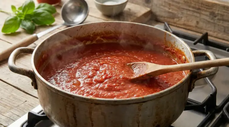 Pentola di sugo di pomodoro che sobbolle sul fornello con cucchiaio di legno e vapore