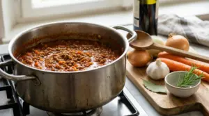 Pentola di ragù alla bolognese sul fornello con carote, cipolle e aromi su un tagliere accanto