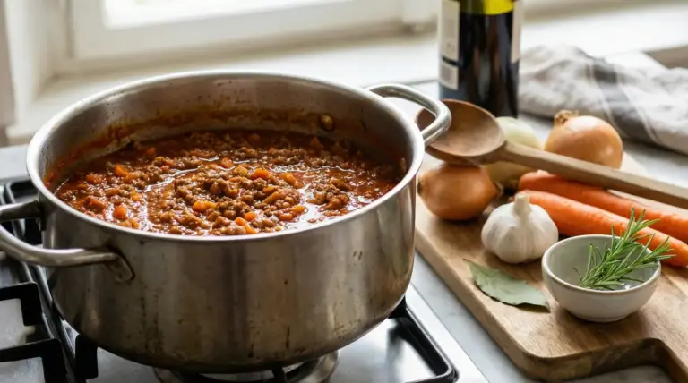 Pentola di ragù alla bolognese sul fornello con carote, cipolle e aromi su un tagliere accanto