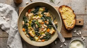 Ciotola di ribollita con cavolo nero e fagioli bianchi, con crostini di pane e un filo d’olio su tavolo rustico