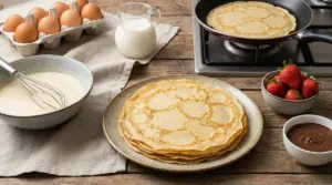 Ingredienti e crepes pronte: uova, latte, pastella con frusta, pila di crepes e una crepe in padella