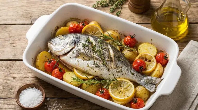 Orata al forno in teglia con patate, pomodorini, fette di limone e rosmarino su tavolo di legno