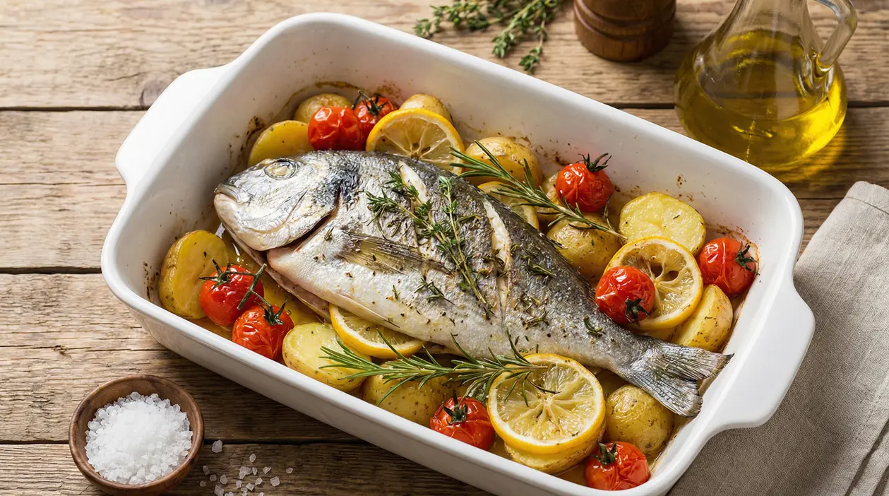 Orata al forno in teglia con patate, pomodorini, fette di limone e rosmarino su tavolo di legno