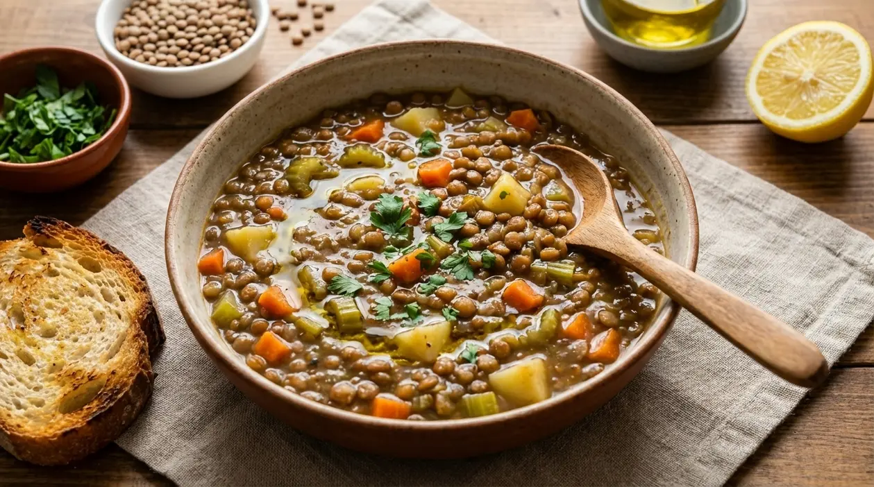 Ciotola di zuppa di lenticchie con verdure, prezzemolo e pane tostato su tavolo rustico