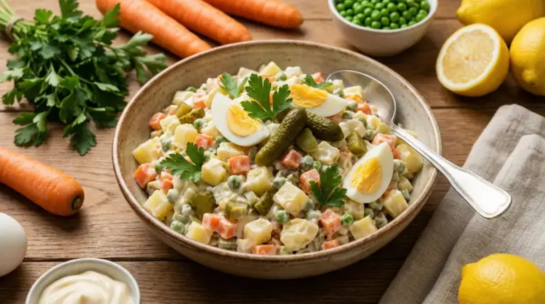 Ciotola di insalata russa con uova sode, cetriolini e prezzemolo su tavolo di legno con carote, piselli e limoni