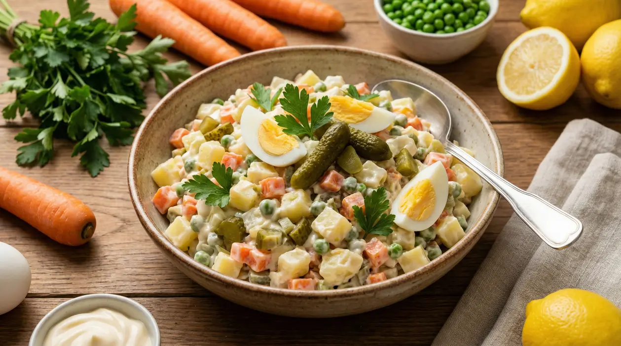 Ciotola di insalata russa con uova sode, cetriolini e prezzemolo su tavolo di legno con carote, piselli e limoni