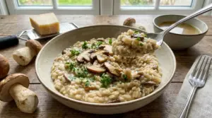 Risotto ai funghi porcini cremoso in una ciotola, con fettine di porcini e prezzemolo, servito con cucchiaio