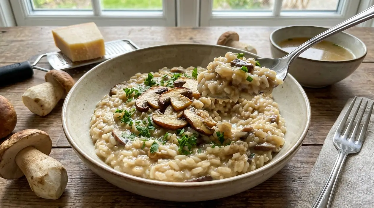 Risotto ai funghi porcini cremoso in una ciotola, con fettine di porcini e prezzemolo, servito con cucchiaio