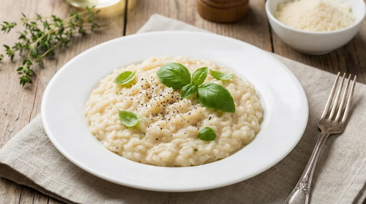 Risotto cremoso in piatto bianco con foglie di basilico e pepe, servito su tavolo di legno