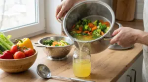 Persona versa l’acqua di cottura di broccoli e carote in un barattolo di vetro in cucina
