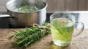 Tazza di infuso al rosmarino con rametti freschi e pentola d’acqua in ebollizione sul fornello