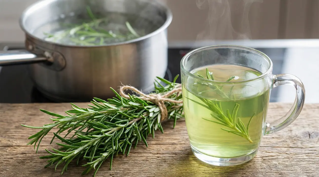 Tazza di infuso al rosmarino con rametti freschi e pentola d’acqua in ebollizione sul fornello